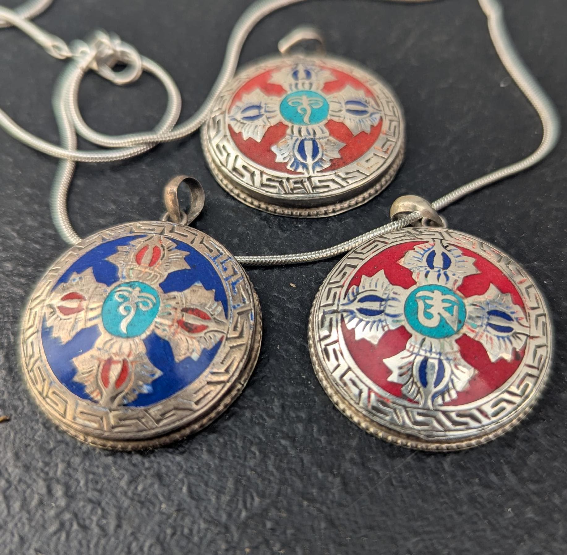 Sterling Silver Buddha Eye Pendant: Turquoise, Lapis, Coral Inlay P7-021-043