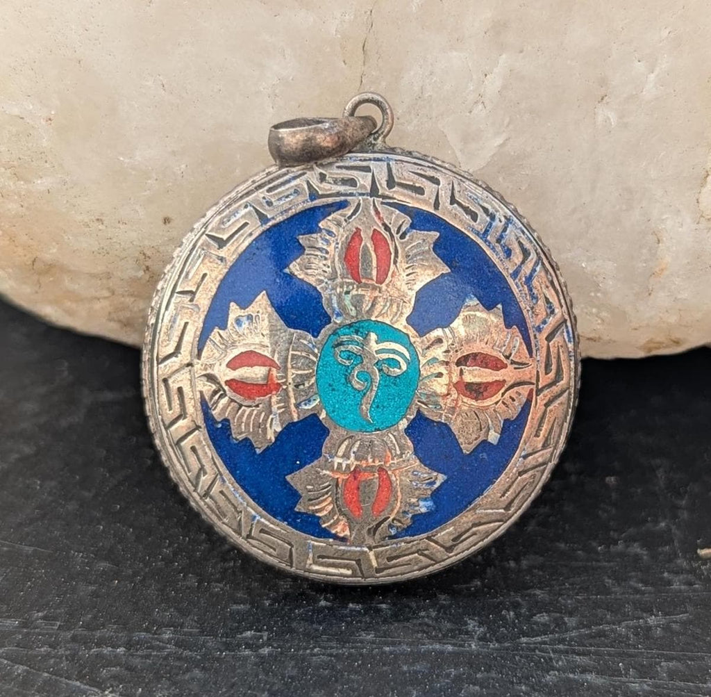 Sterling Silver Buddha Eye Pendant: Turquoise, Lapis, Coral Inlay P7-021-043