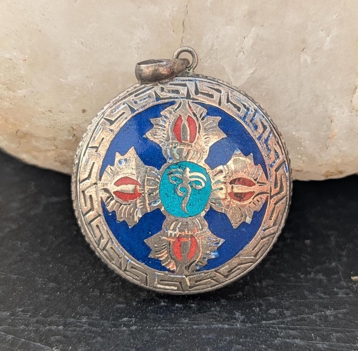 Sterling Silver Buddha Eye Pendant: Turquoise, Lapis, Coral Inlay P7-021-043