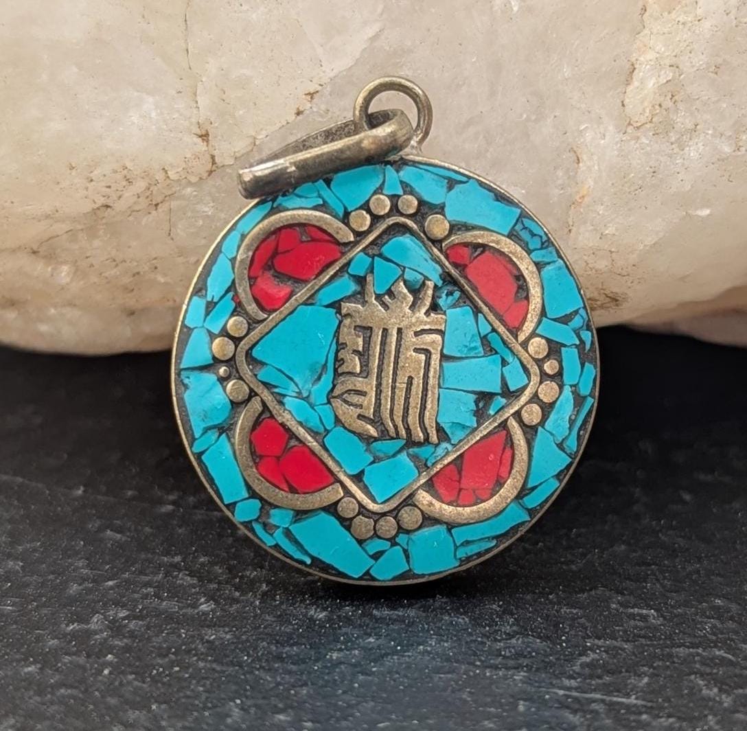 Vintage Tibetan Buddhist symbol pendant with turquoise, Coral and Lapis Lazuli inlaid (p7-045)
