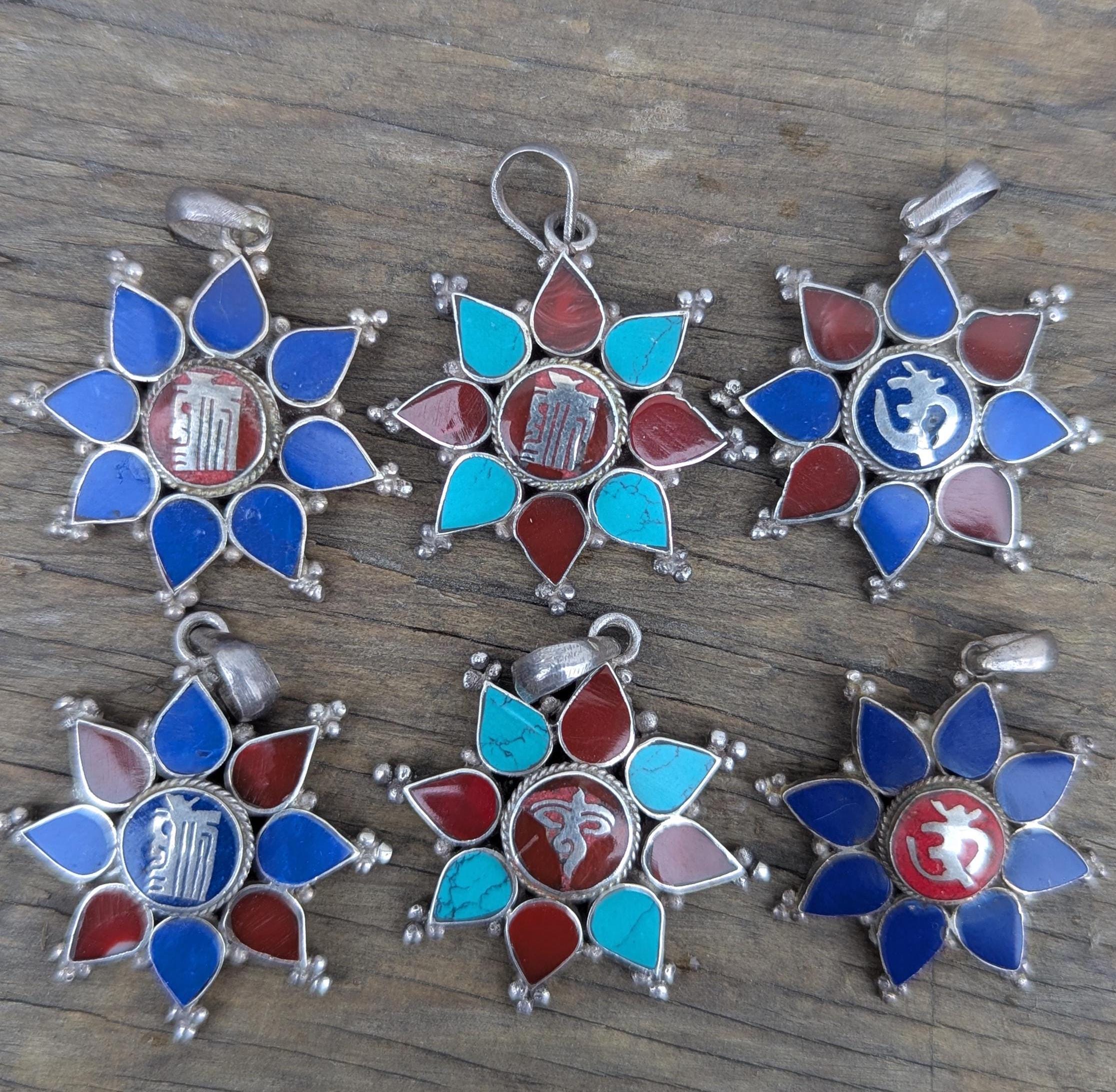 Handmade Tibetan Buddhist symbol pendant collection with turquoise, Coral and Lapis Lazuli inlaid (p7-046)
