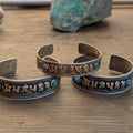 VINTAGE Tibetan Buddhist Mantra BRACELET: Turquoise and Silver Large Cuff CB-109