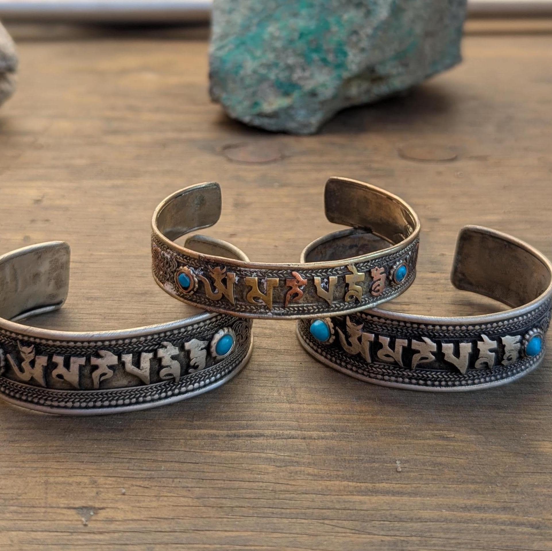 VINTAGE Tibetan Buddhist Mantra BRACELET: Turquoise and Silver Large Cuff CB-109