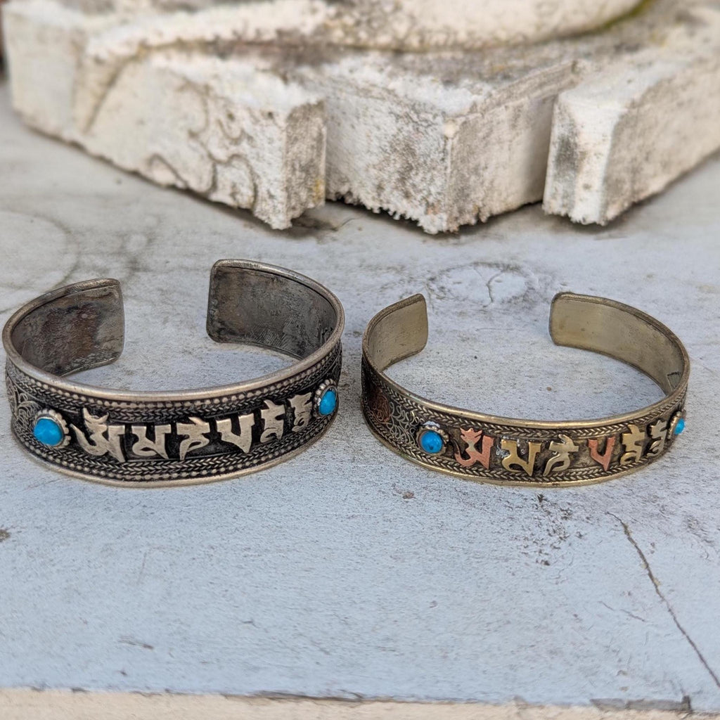 VINTAGE Tibetan Buddhist Mantra BRACELET: Turquoise and Silver Large Cuff CB-109