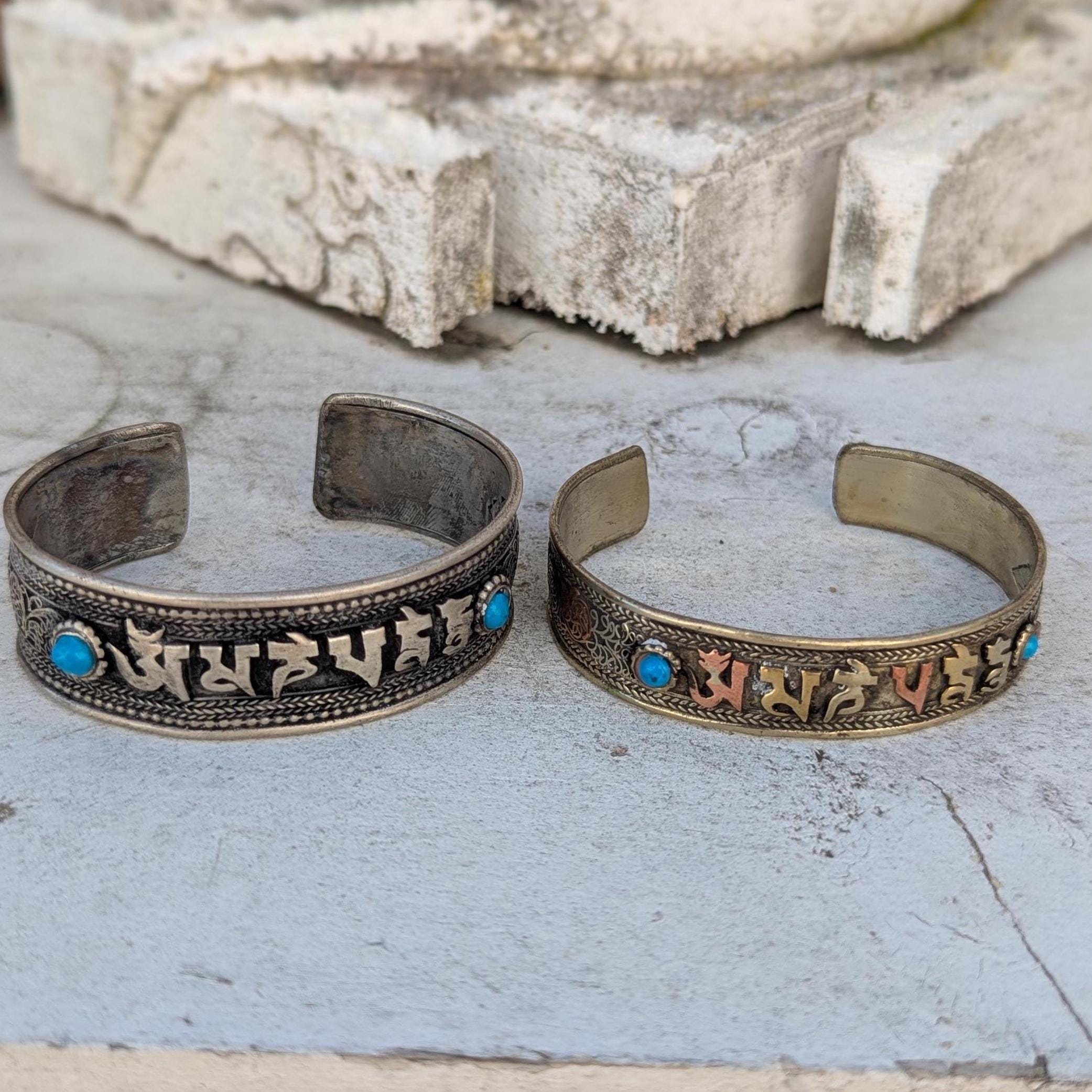 VINTAGE Tibetan Buddhist Mantra BRACELET: Turquoise and Silver Large Cuff CB-109