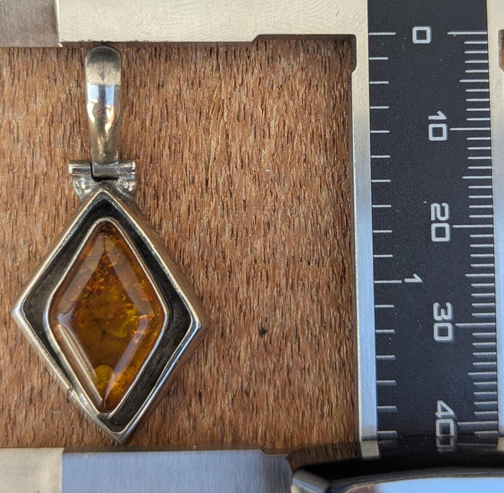 Handcrafted Sterling Silver Amber Pendant: Square & Diamond Gemstone (P-7-055)