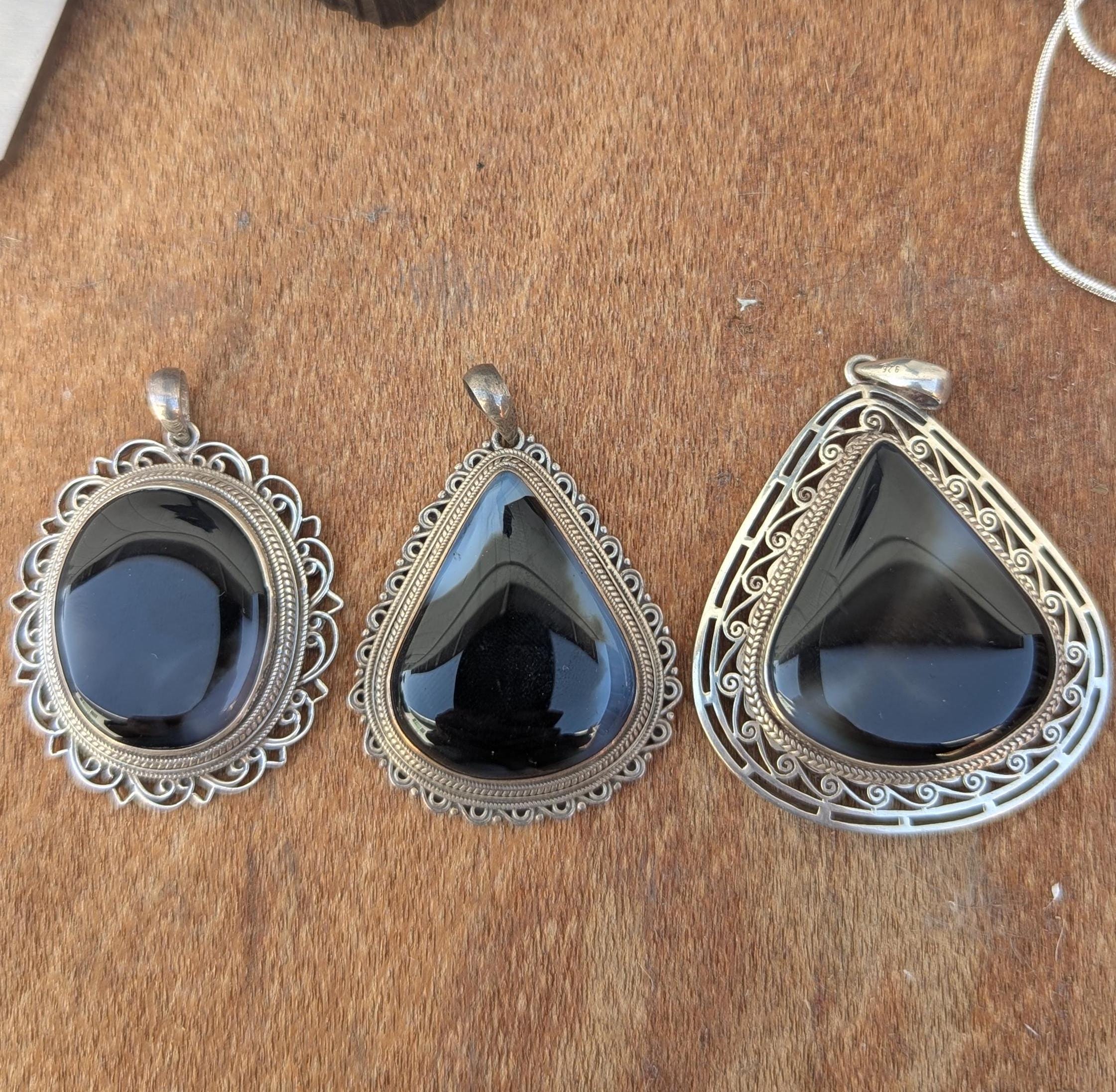 Sterling Silver Black Agate Pendant: Teardrop & Oval Gemstone Collection