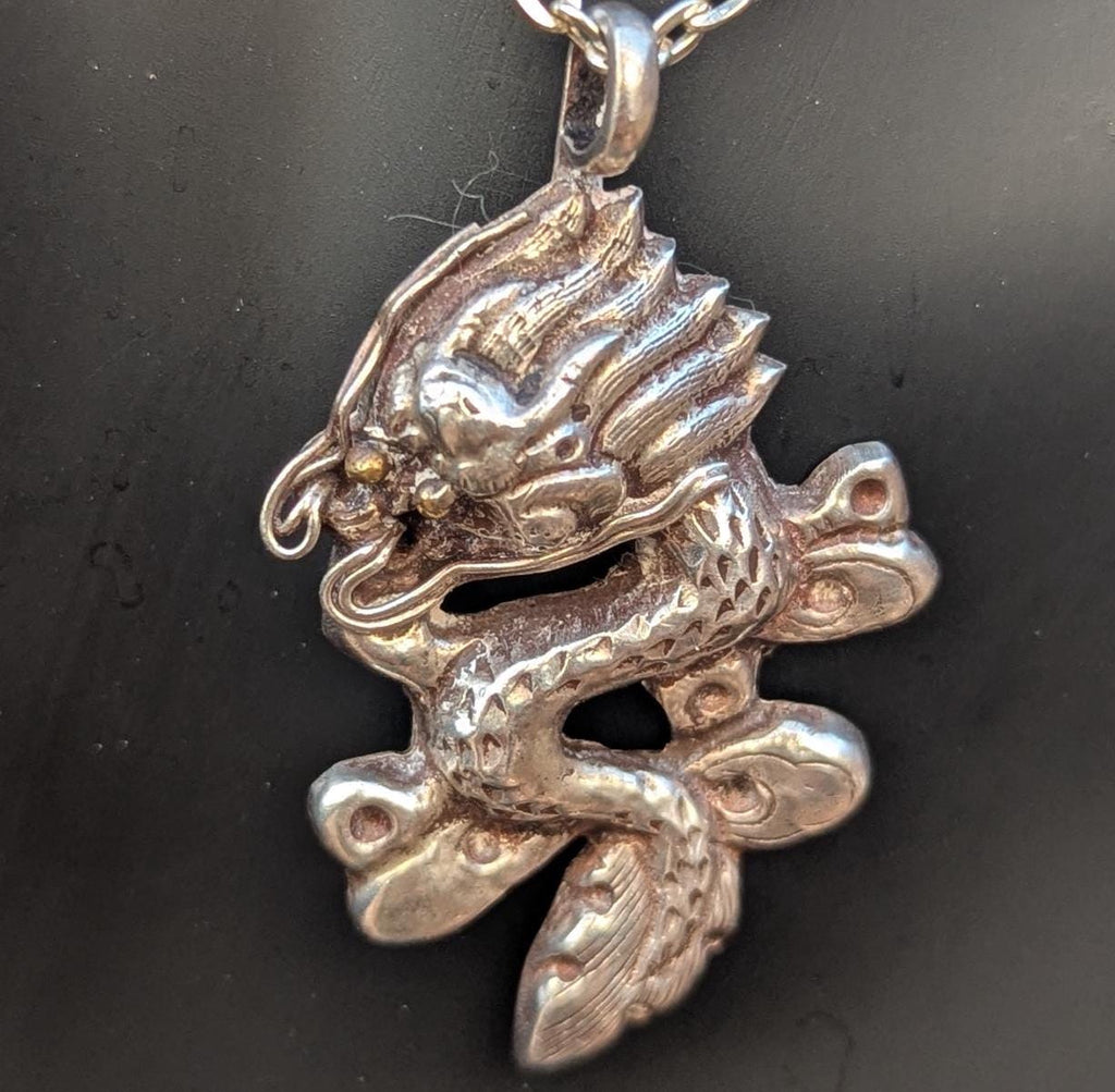 Sterling Silver Tibetan Dragon Pendant: Lapis Lazuli, Coral, Turquoise