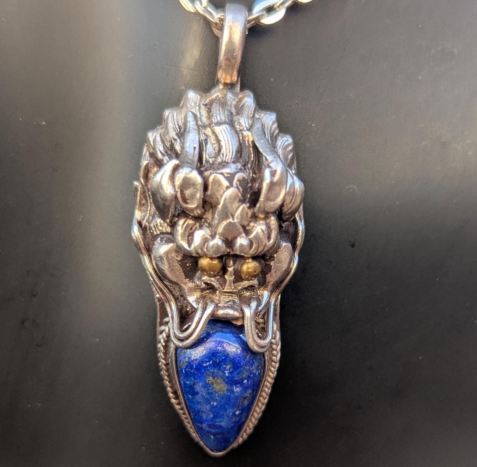 Sterling Silver Tibetan Dragon Pendant: Lapis Lazuli, Coral, Turquoise