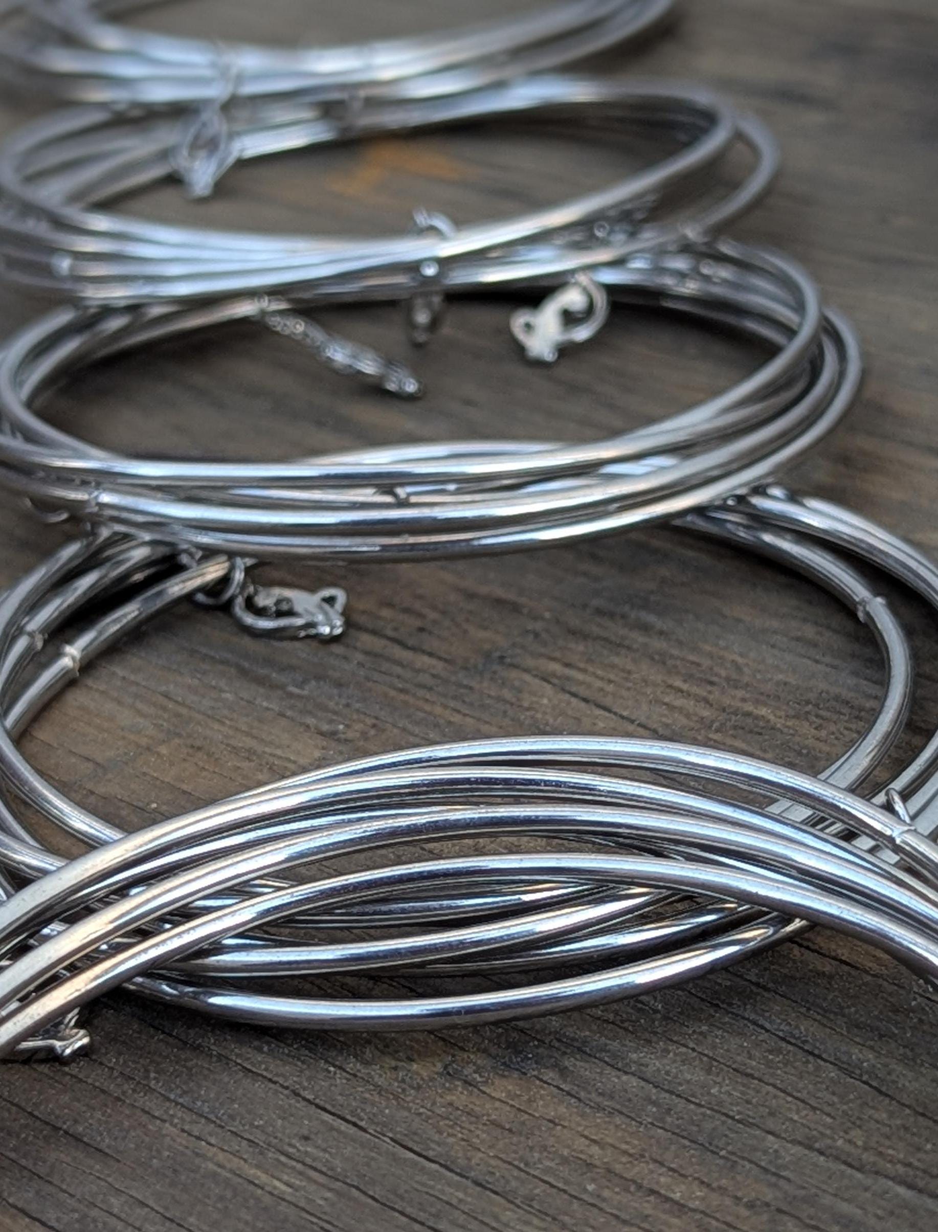Set of 5 Skinny Sterling Silver Bangle Bracelets with Cat Charm