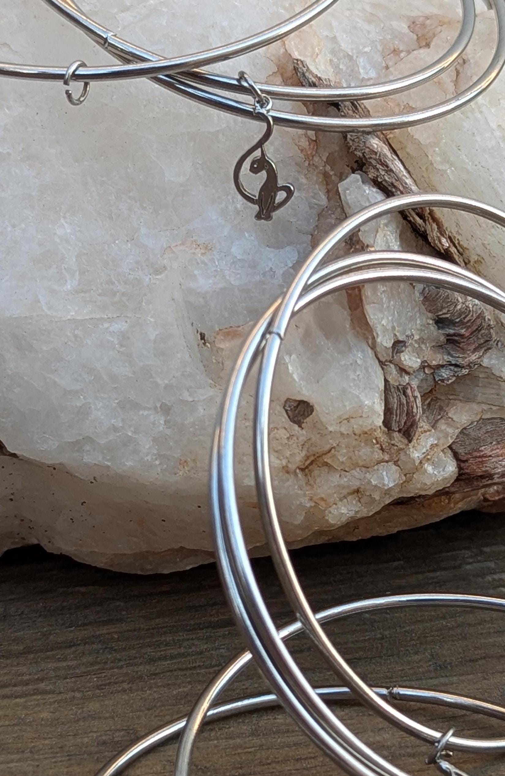 Set of 5 Skinny Sterling Silver Bangle Bracelets with Cat Charm