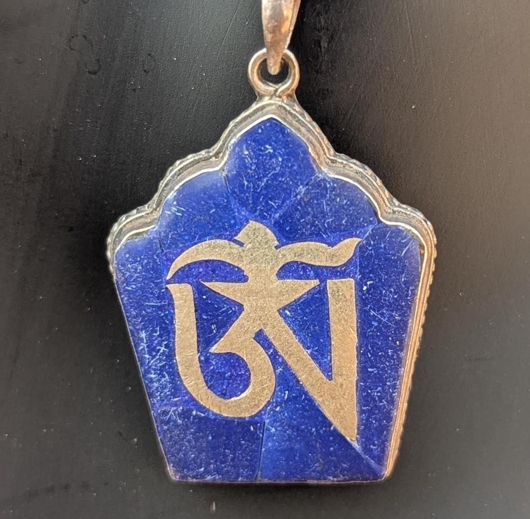 Vintage Tibetan Sterling Silver Om Kalachakra Pendant: Coral & Lapis Lazuli