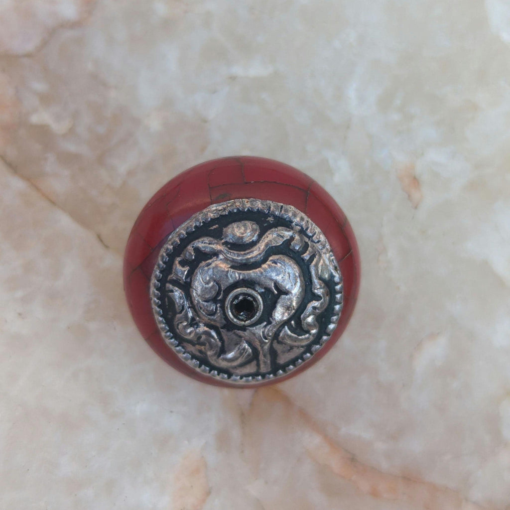 Handcraft unique oval-shaped beads, ethnic Himalayan bead with circles design brass turquoise coral inlays