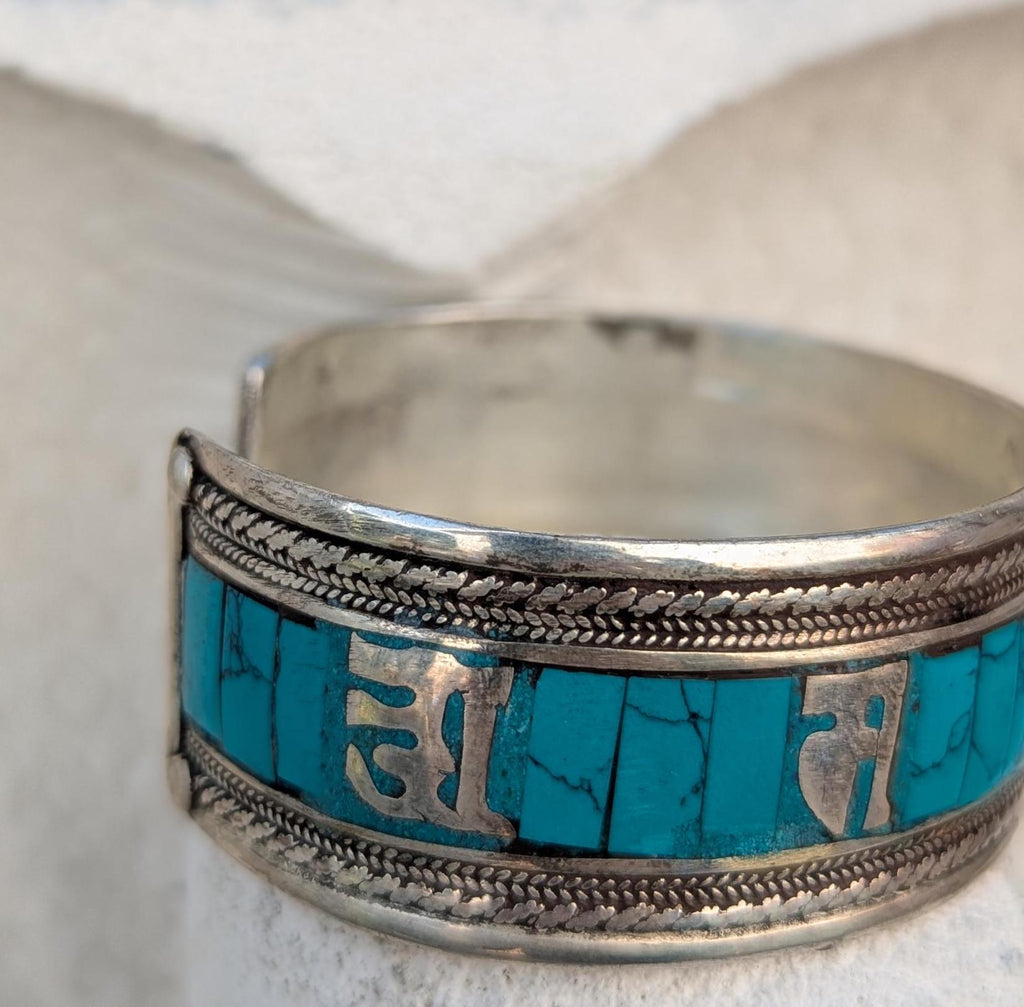 Tibetan Silver Cuff Bracelet Set: Om Mani Padme Hum & Turquoise Mantra