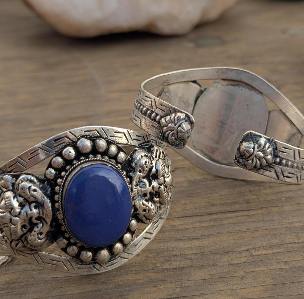 Vintage Tibetan Silver Cuff Bracelet with Dragon Motif—Two Variants: Malachite & Lapis Lazuli (cb-134)