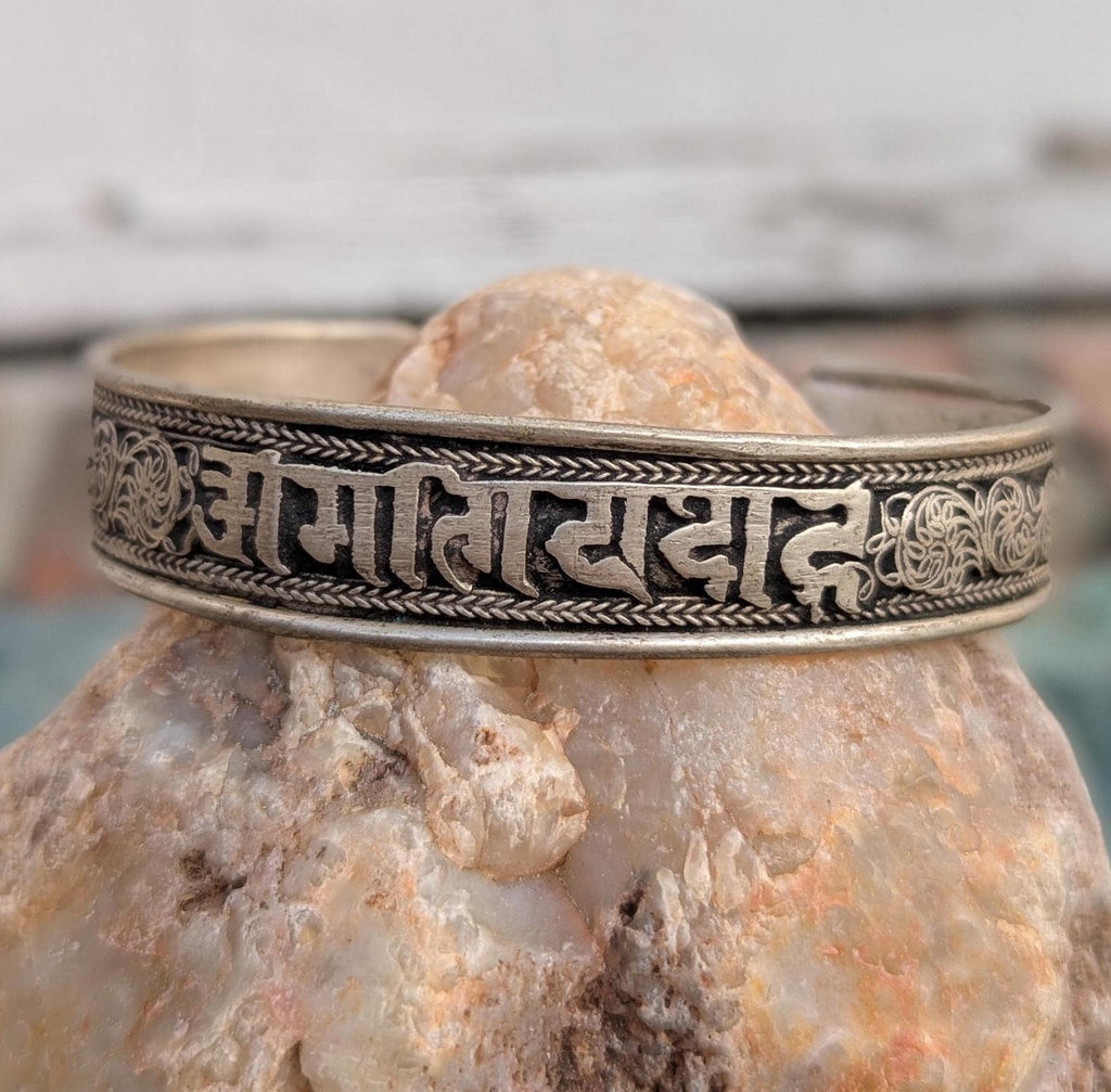 Handcrafted Silver Mantra Cuff Bracelet: Tibetan Spiritual Jewelry CB-136