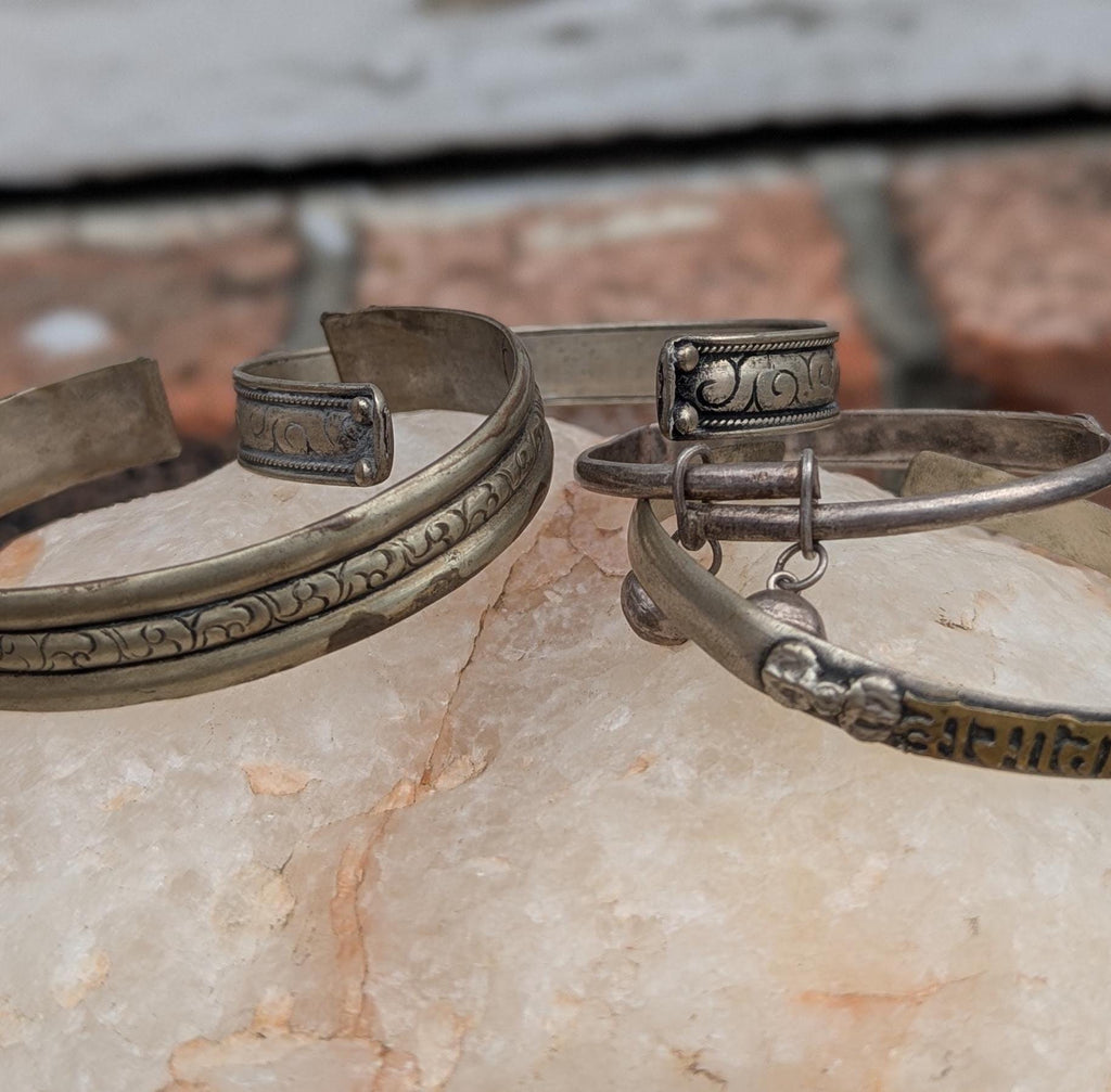 Handcrafted Tibetan Cuff Bracelet Set: Silver Wind & Mantra Jewelry cb-140