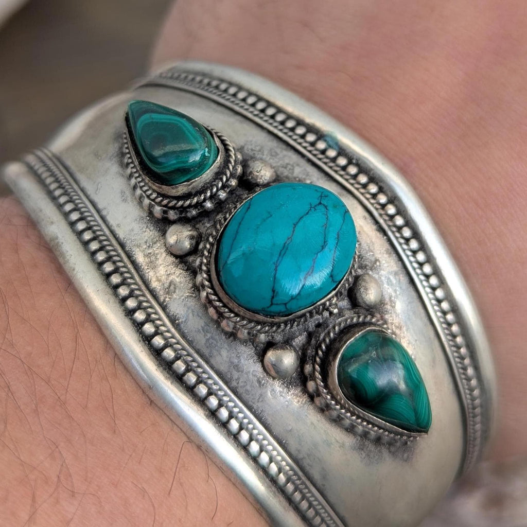 Gemstone Silver Cuff Bracelet – Turquoise, Onyx & Malachite