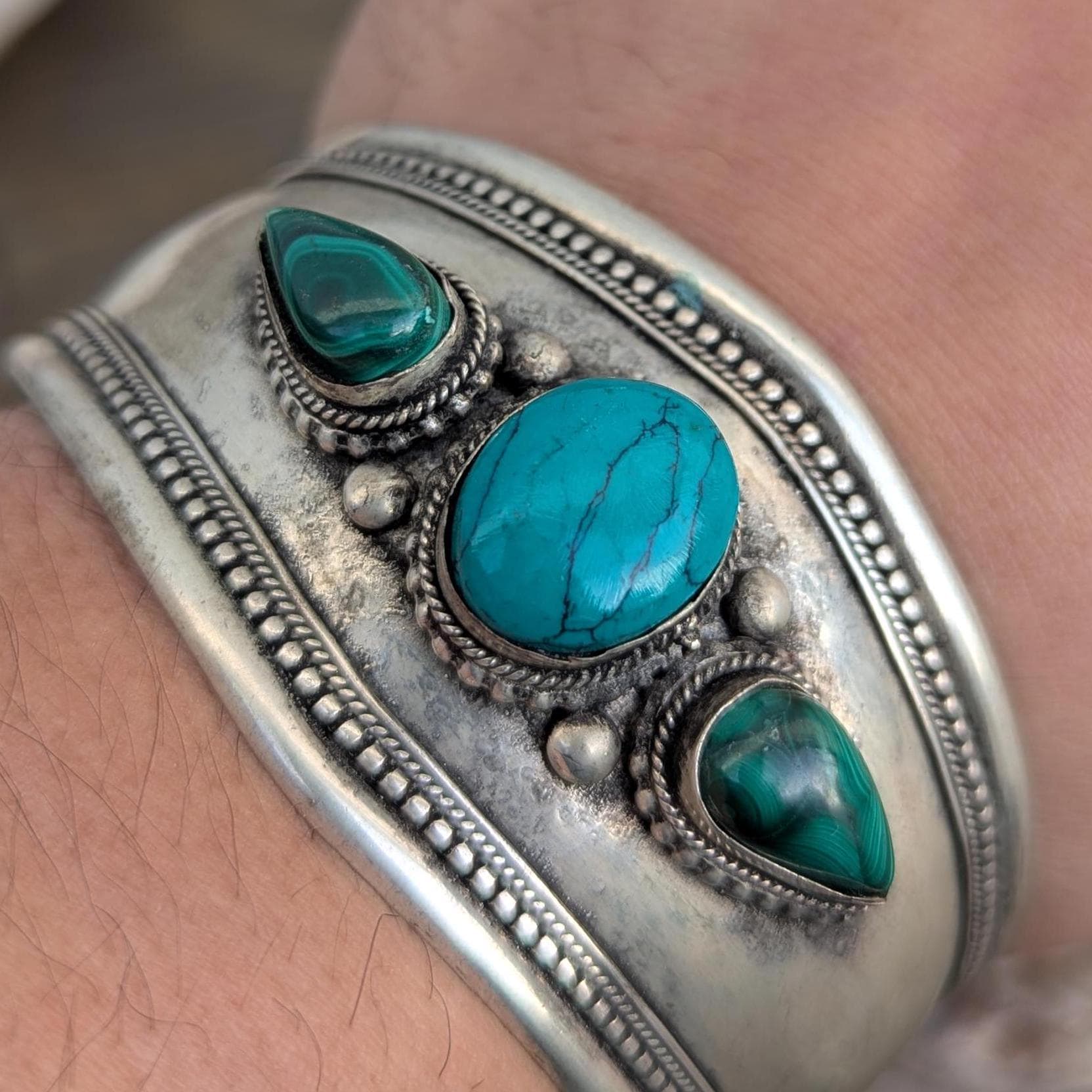Gemstone Silver Cuff Bracelet – Turquoise, Onyx & Malachite