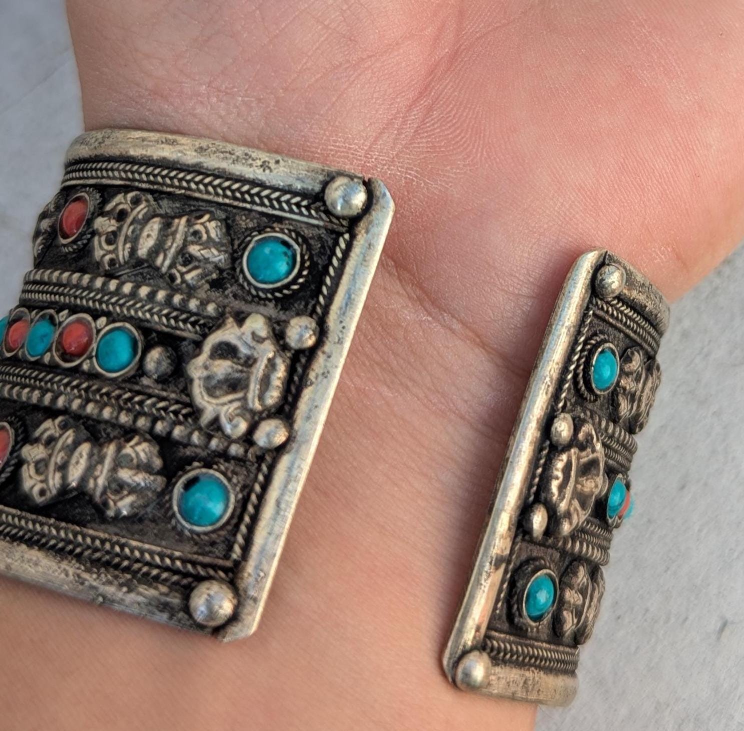 Wide Silver Cuff Bracelet – Red Jade or Turquoise, Tibetan Jewelry