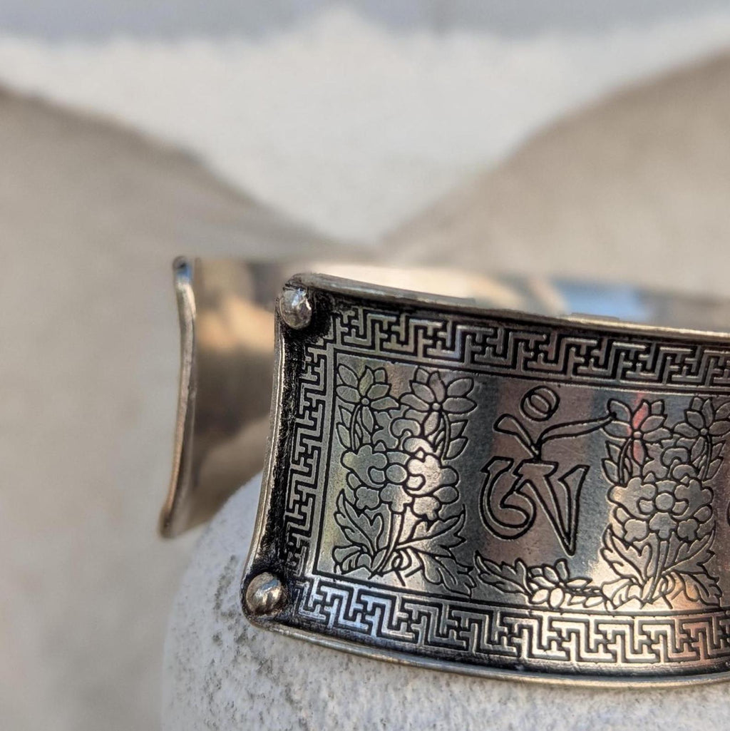 Tibetan Silver Cuff Bracelet Set: Om Mani Padme Hum & Turquoise Mantra