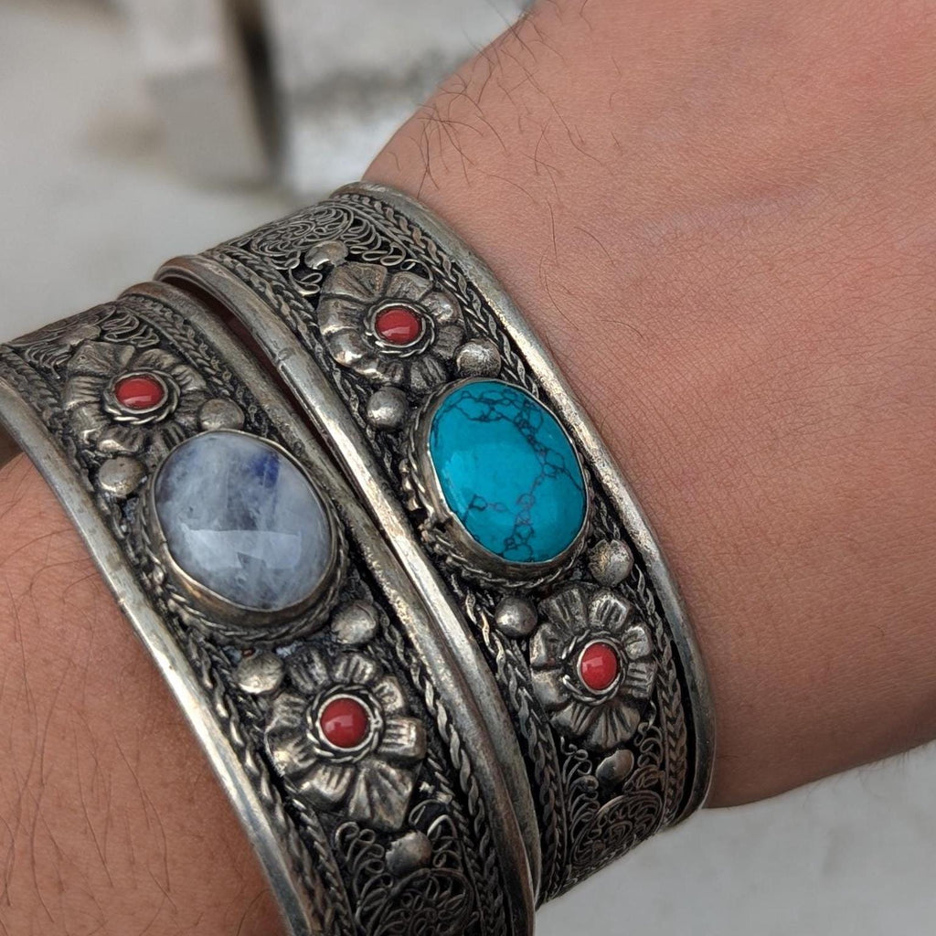 Vintage Tibetan Cuff Bracelets: Turquoise, Emerald, Moonstone Gemstone Jewelry Set