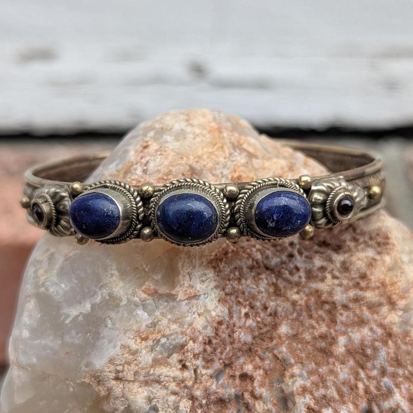 Handcrafted Tibetan Silver Cuff Bracelet: Lapis Lazuli, Moonstone, Tiger's Eye