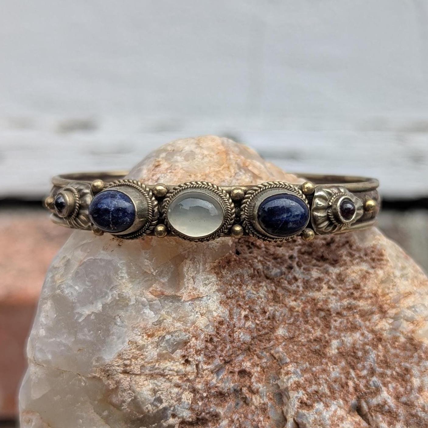 Handcrafted Tibetan Silver Cuff Bracelet: Lapis Lazuli, Moonstone, Tiger's Eye