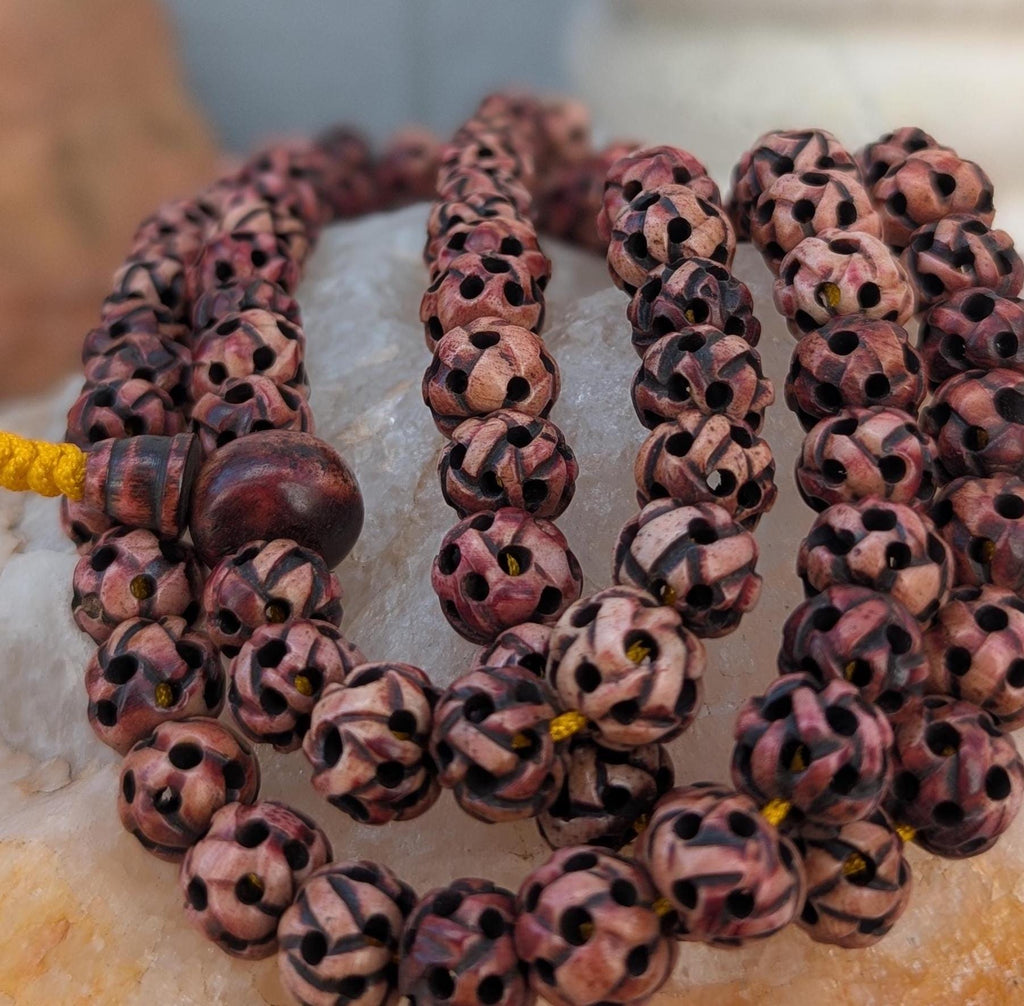 Handmade Tibetan Yak Bone Mala: Carved Lotus Prayer Beads
