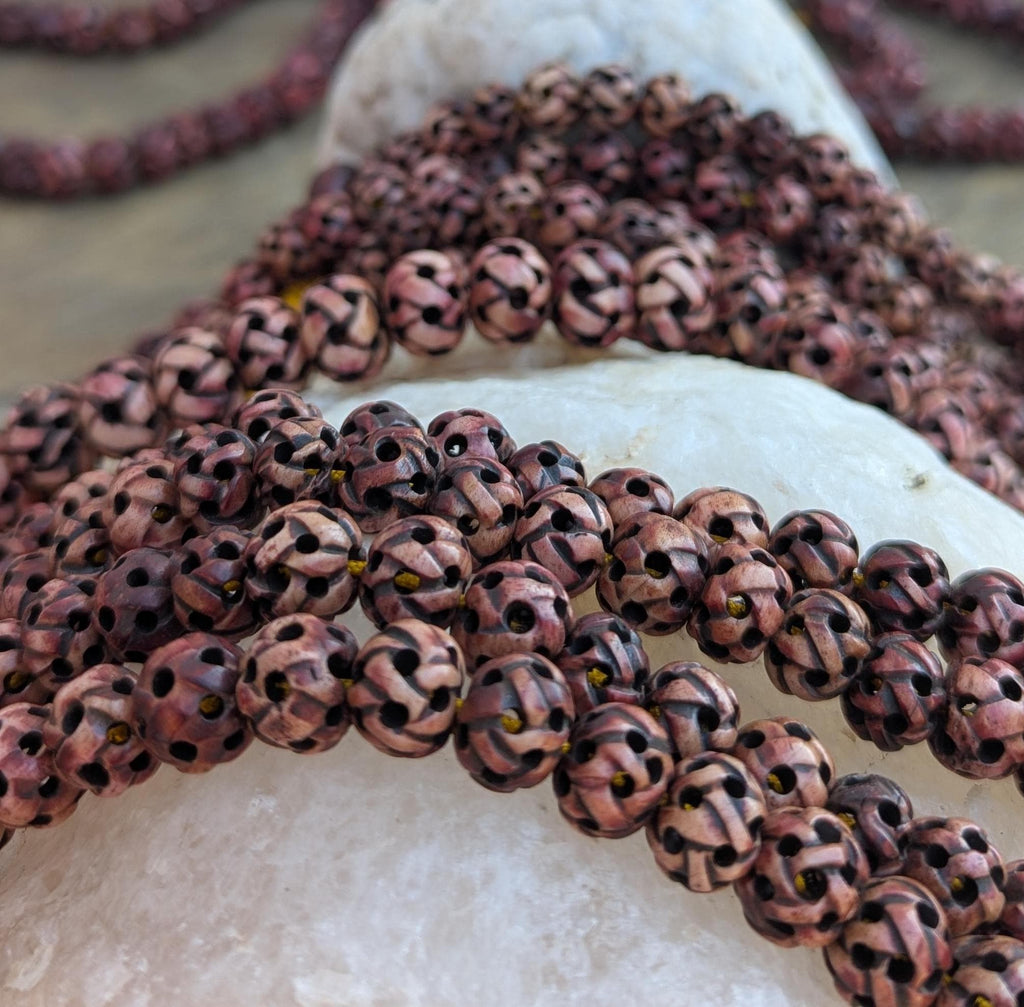 Handmade Tibetan Yak Bone Mala: Carved Lotus Prayer Beads