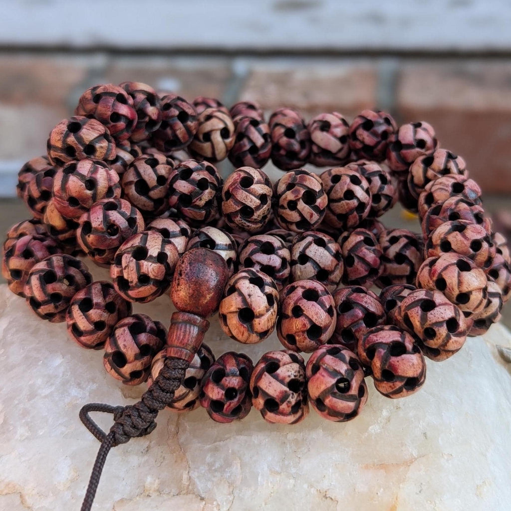 Handmade Tibetan Yak Bone Mala: Carved Lotus Prayer Beads