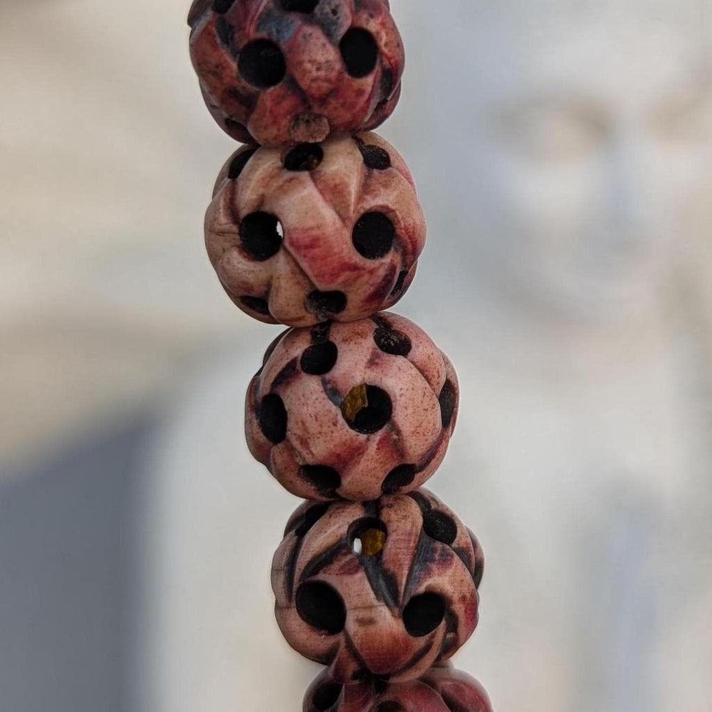 Handmade Tibetan Yak Bone Mala: Carved Lotus Prayer Beads