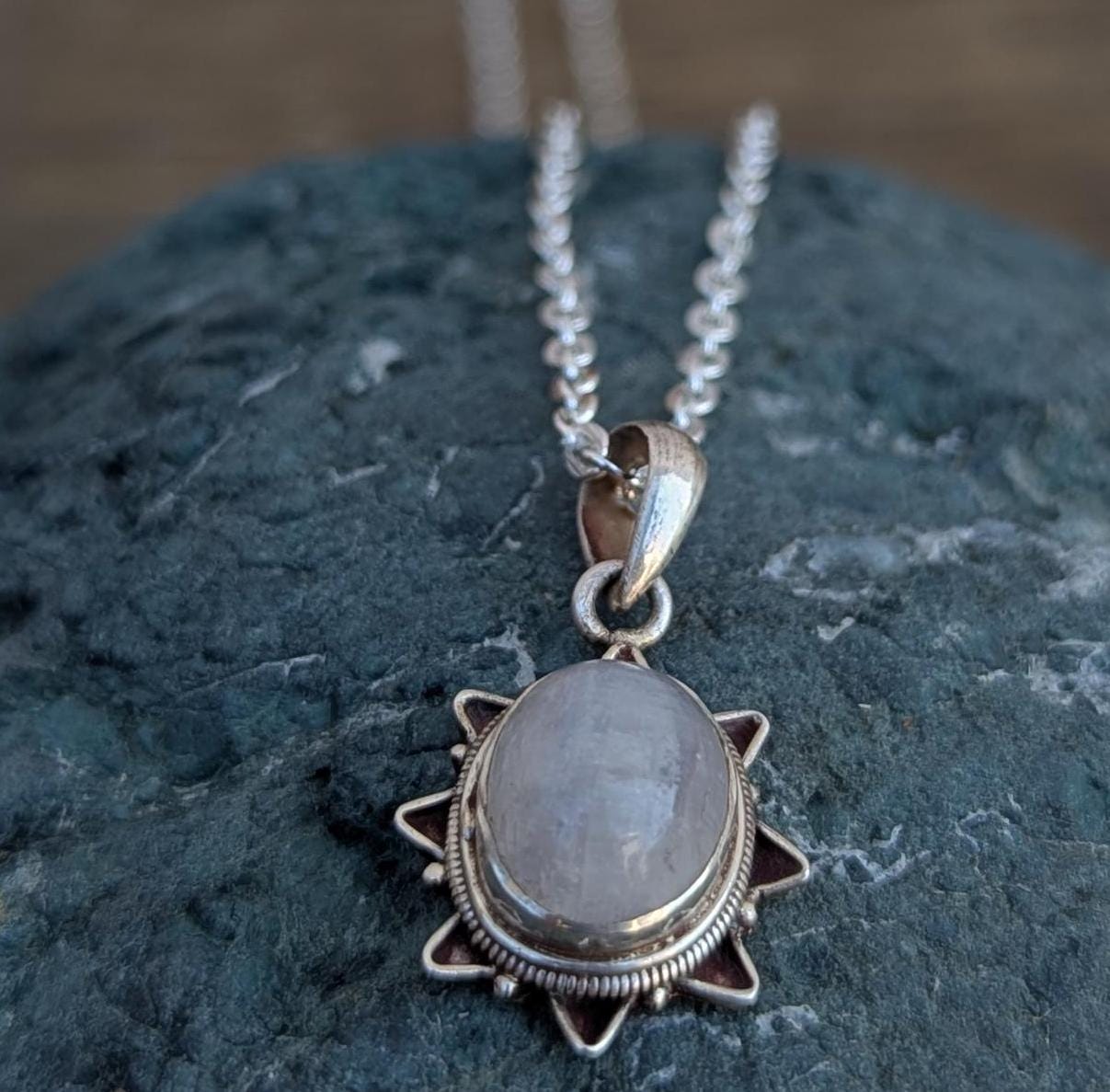 Rainbow Moonstone Sterling Silver Pendant: Handmade Crystal Healing