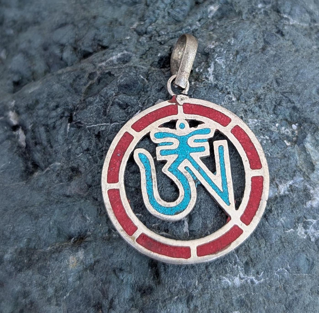 Hindu Om Pendant: Tibetan Silver, Coral & Lapis Yoga Jewelry