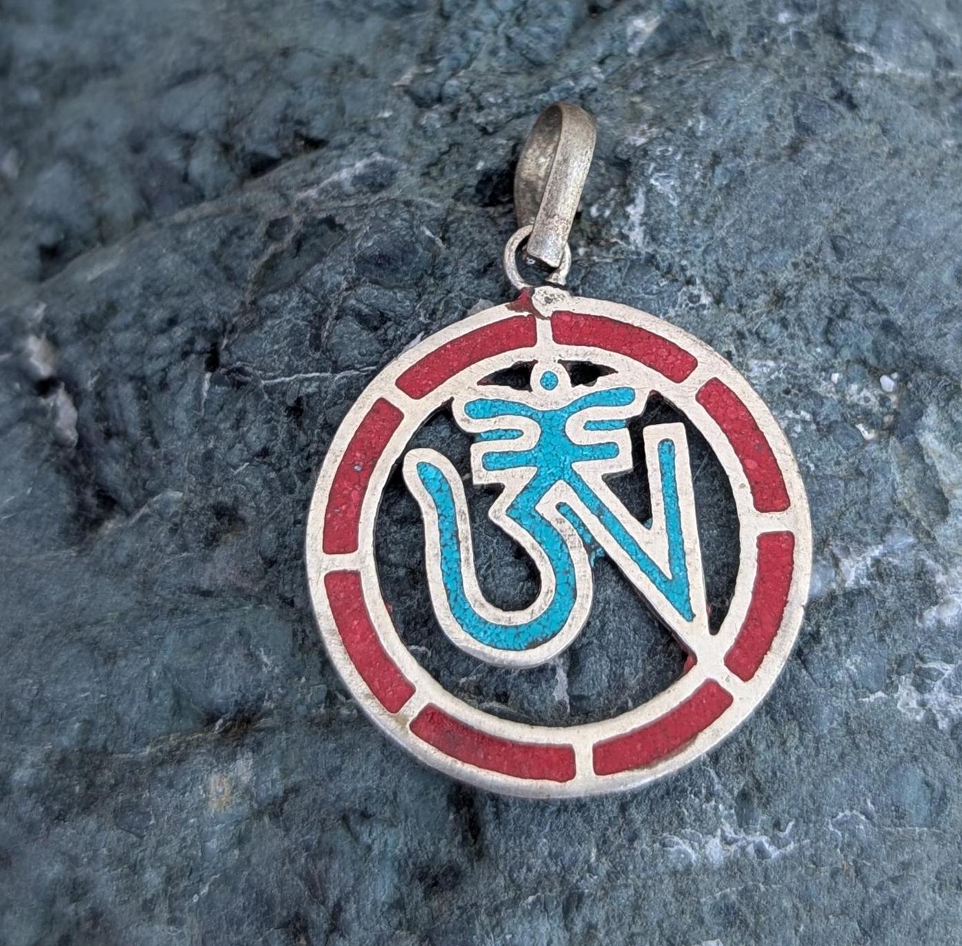 Hindu Om Pendant: Tibetan Silver, Coral & Lapis Yoga Jewelry