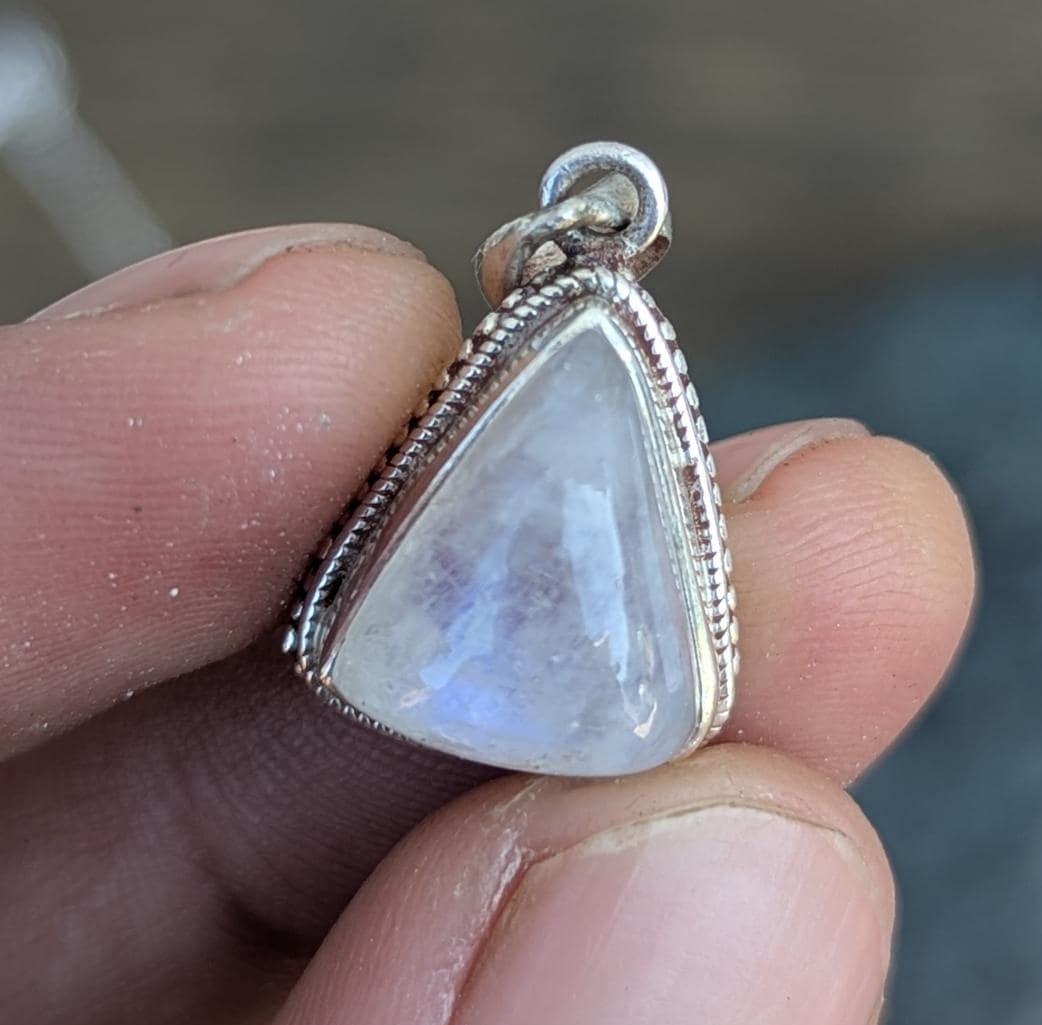 Handmade Rainbow Moonstone Pendant: Sterling Silver Triangle Charm