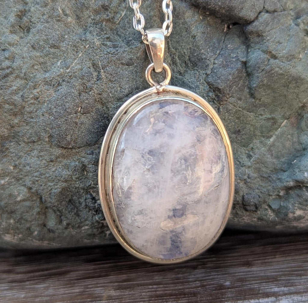 Handmade Rainbow Moonstone Pendant: Oval Sterling Silver (3.5x2.5cm)