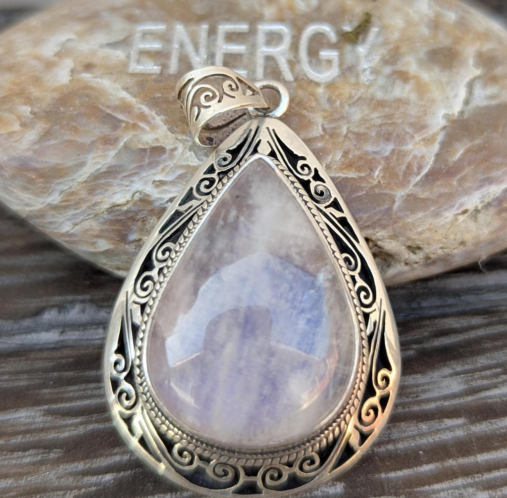 Rainbow Moonstone Sterling Silver Pendant: Handmade Teardrop Design
