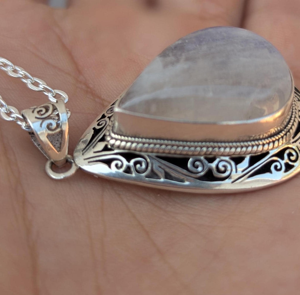 Rainbow Moonstone Sterling Silver Pendant: Handmade Teardrop Design