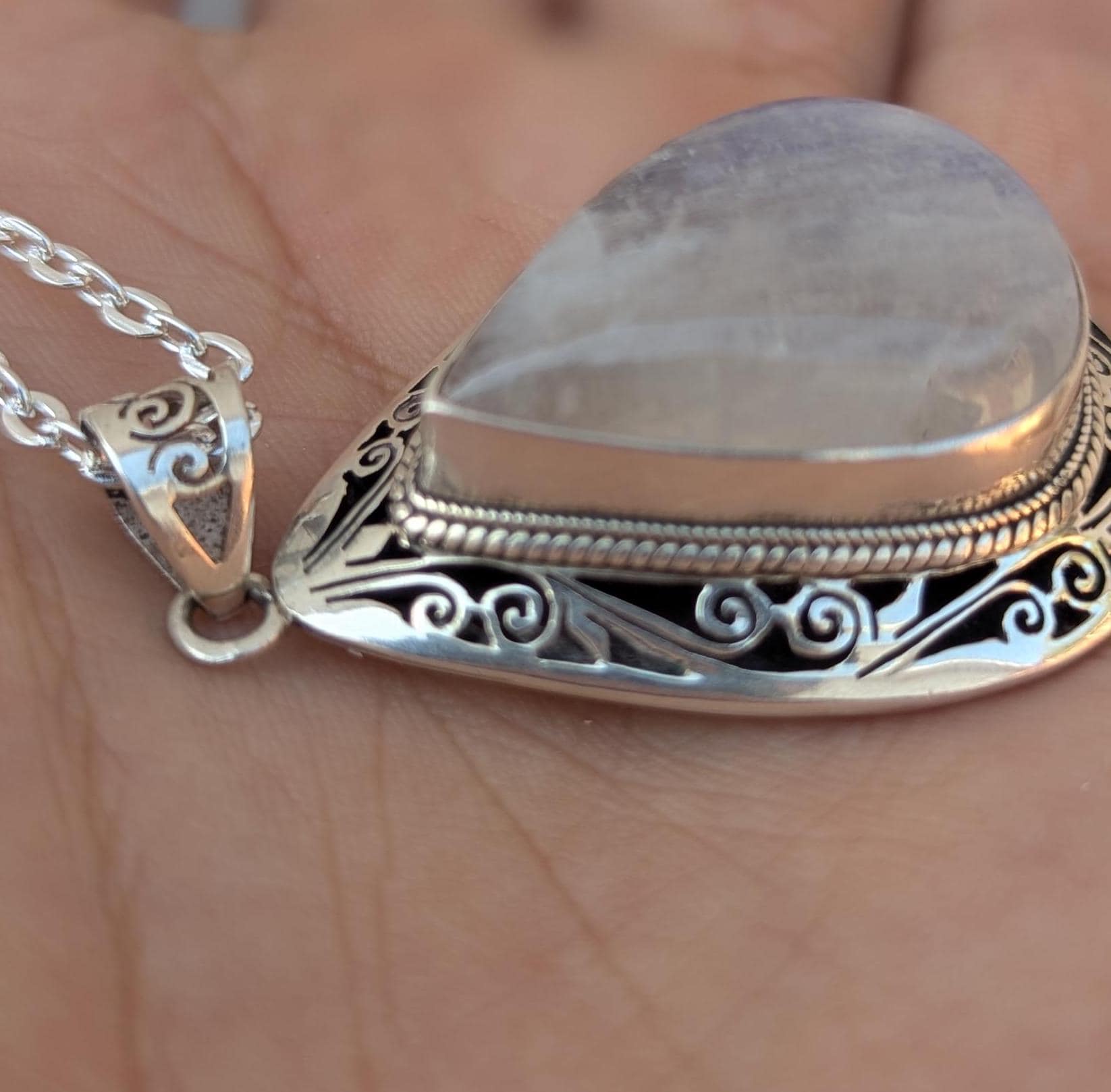 Rainbow Moonstone Sterling Silver Pendant: Handmade Teardrop Design