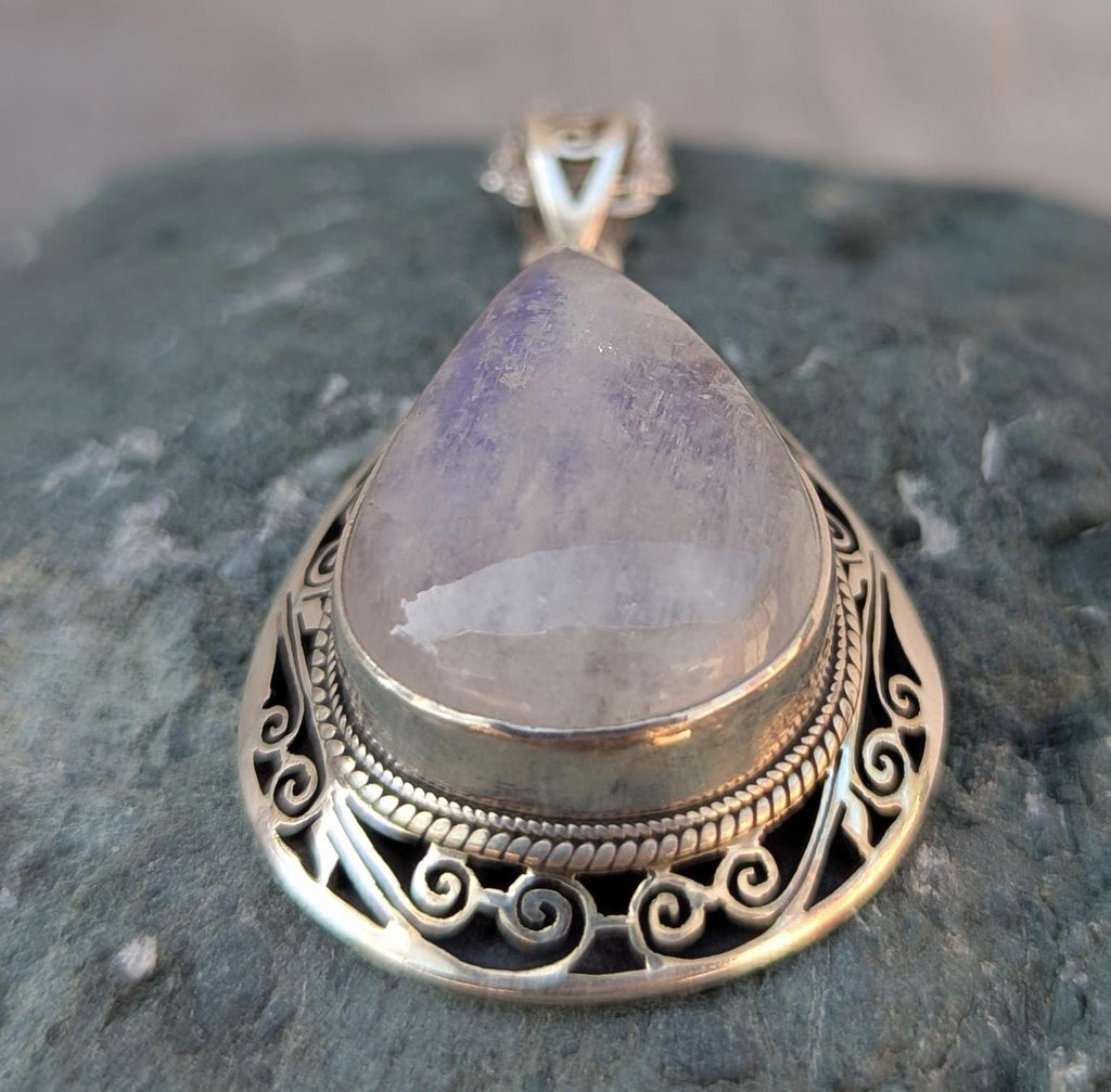 Rainbow Moonstone Sterling Silver Pendant: Handmade Teardrop Design