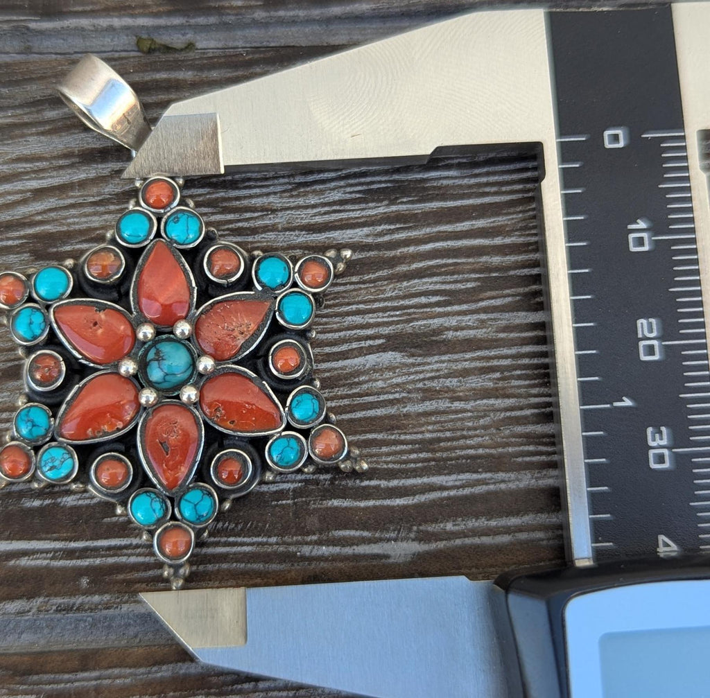 P3/75- Silver Pendant with Coral and Turquoise gemstone (T12-075)