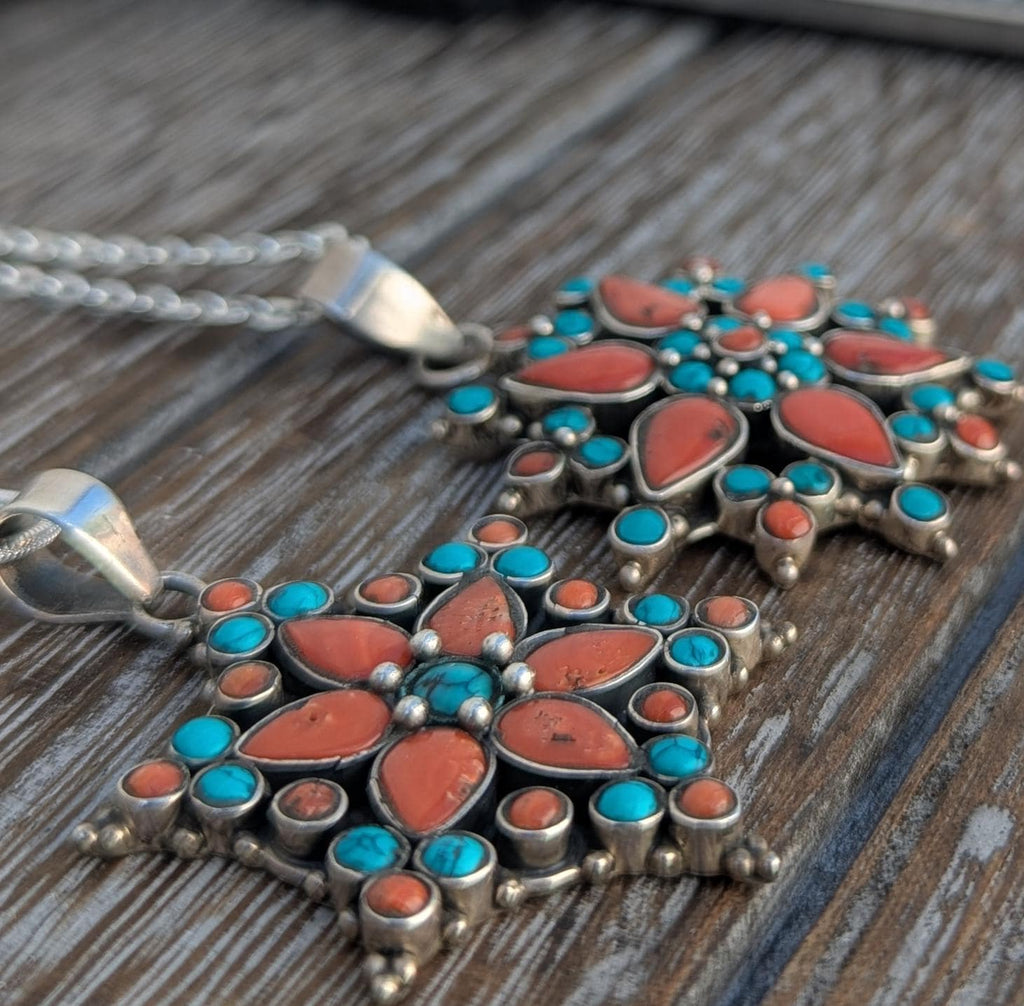 P3/75- Silver Pendant with Coral and Turquoise gemstone (T12-075)