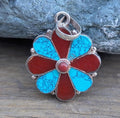 Turquoise and Red Coral Flower Pendant
