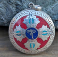 Silver Red Coral Tibetan Vajra Pendant: Buddha Eye Dorjee Amulet