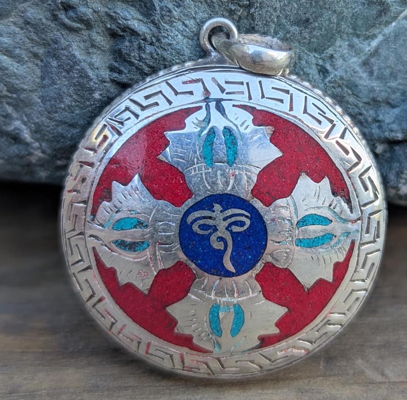 Silver Red Coral Tibetan Vajra Pendant: Buddha Eye Dorjee Amulet