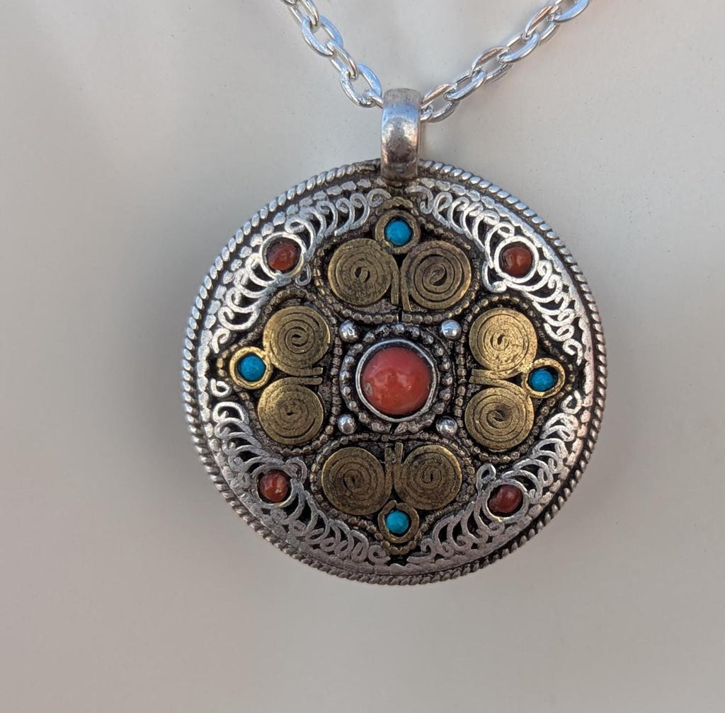 Filigree mandala with coral and Turquoise Pendant.(T1103-006)