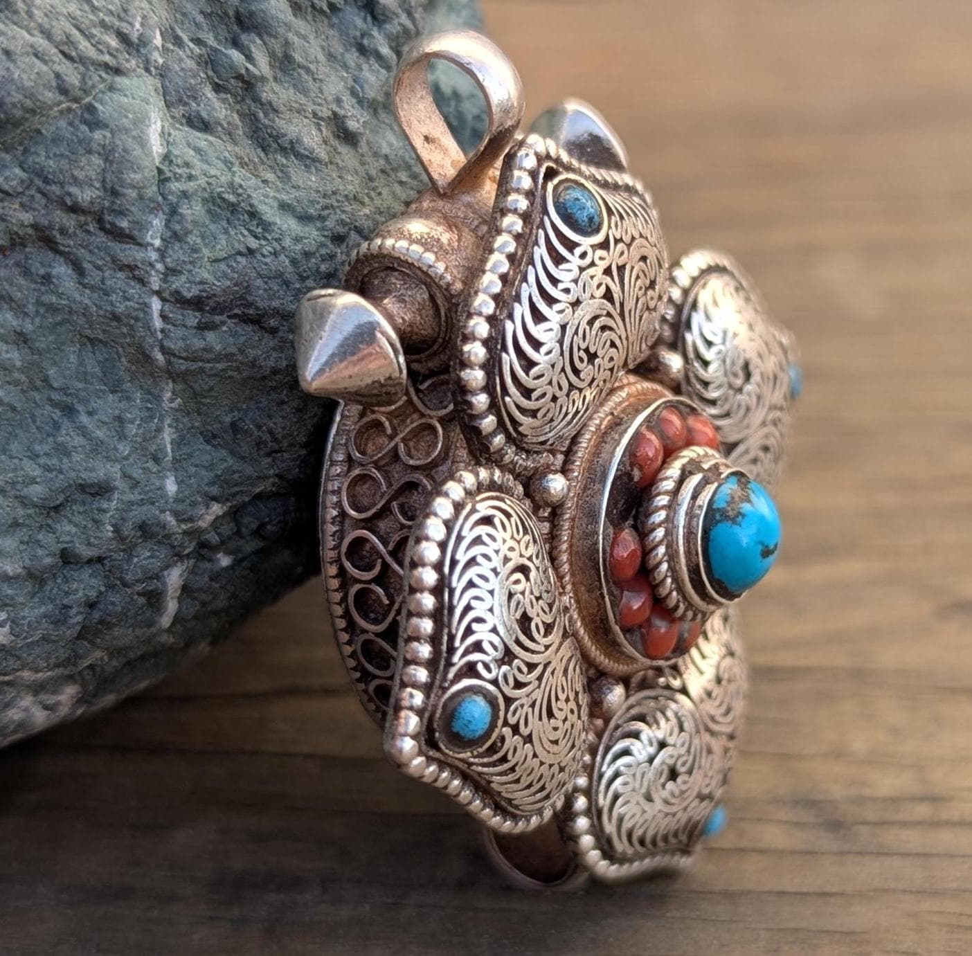 Tibetan Woman’s Amulet Box Necklace (Ga’u)Turquoise 925 Sterling Silver Pendant. (T1101-006.8)