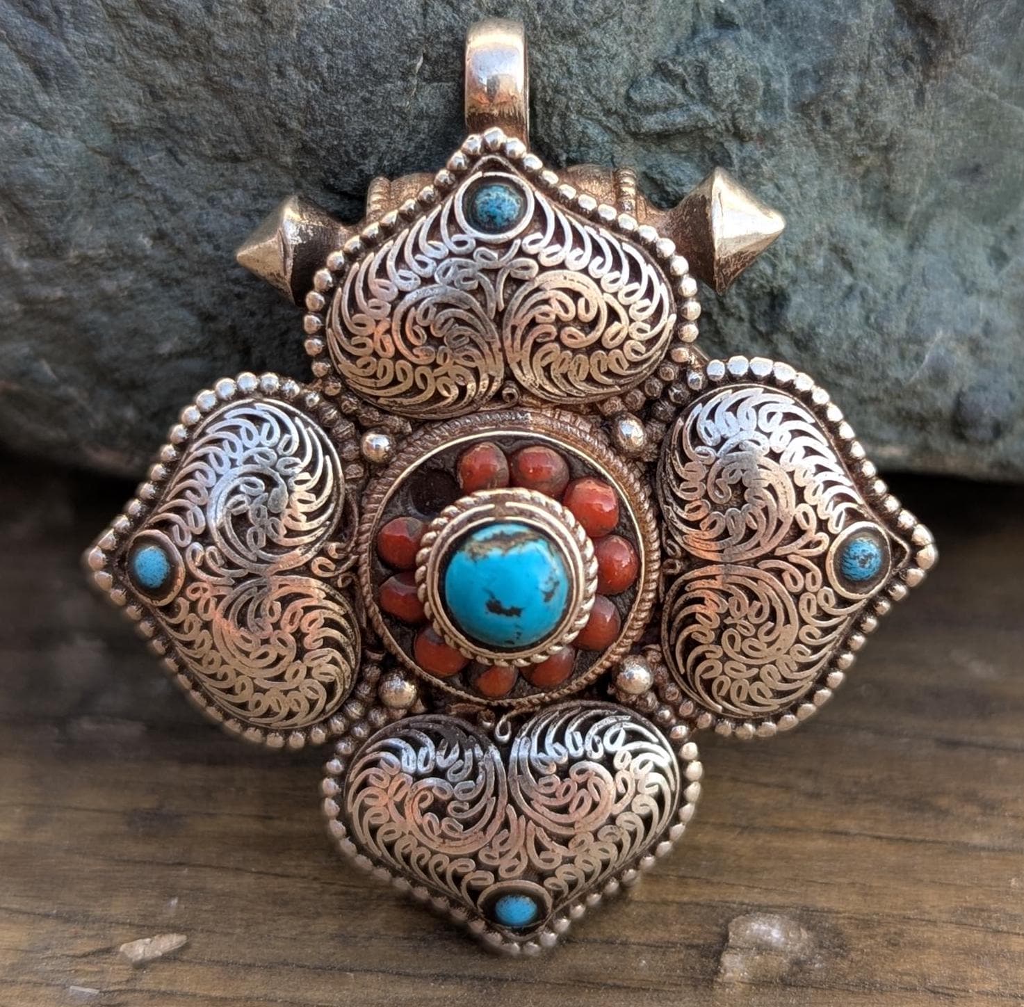 Tibetan Woman’s Amulet Box Necklace (Ga’u)Turquoise 925 Sterling Silver Pendant. (T1101-006.8)