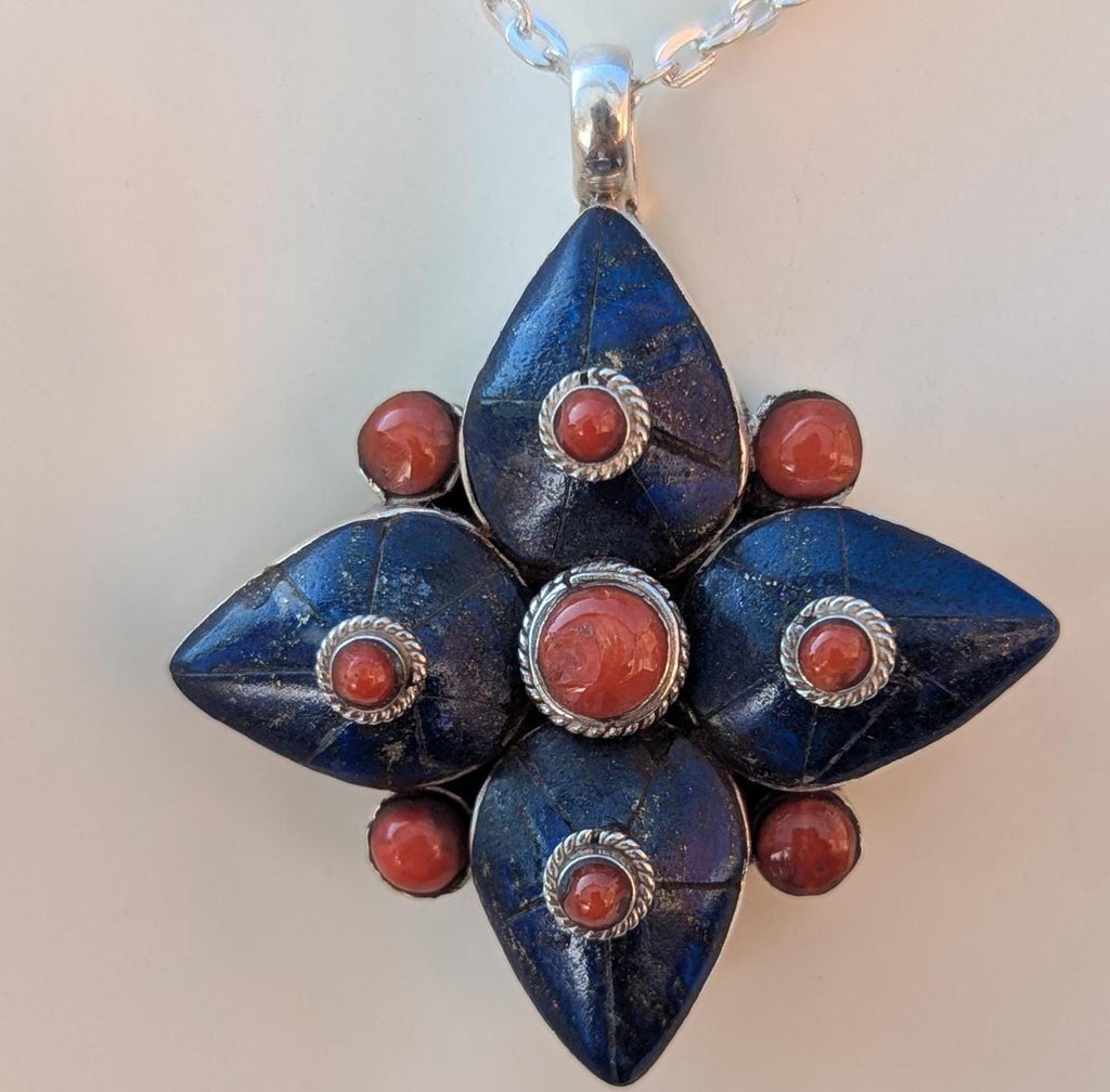 Woman’s  Red Coral Gemstone Pendant : 925 Sterling Silver Pendant. (T1101-006.11)